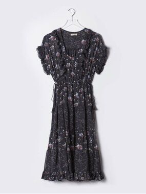 Ulla Johnson 100% Silk Navy Floral Midi Dress Size 2